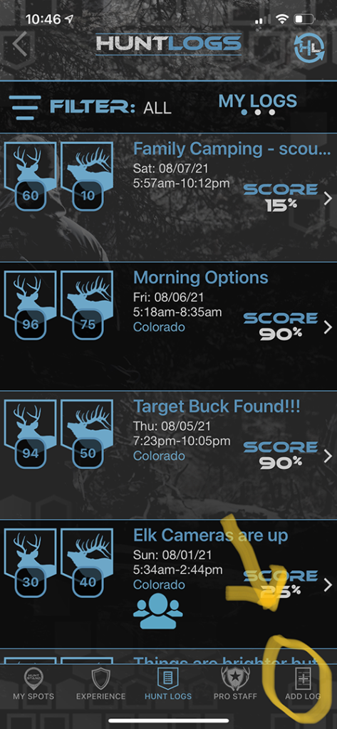 Add a new Hunt Log from past hunts and scouts