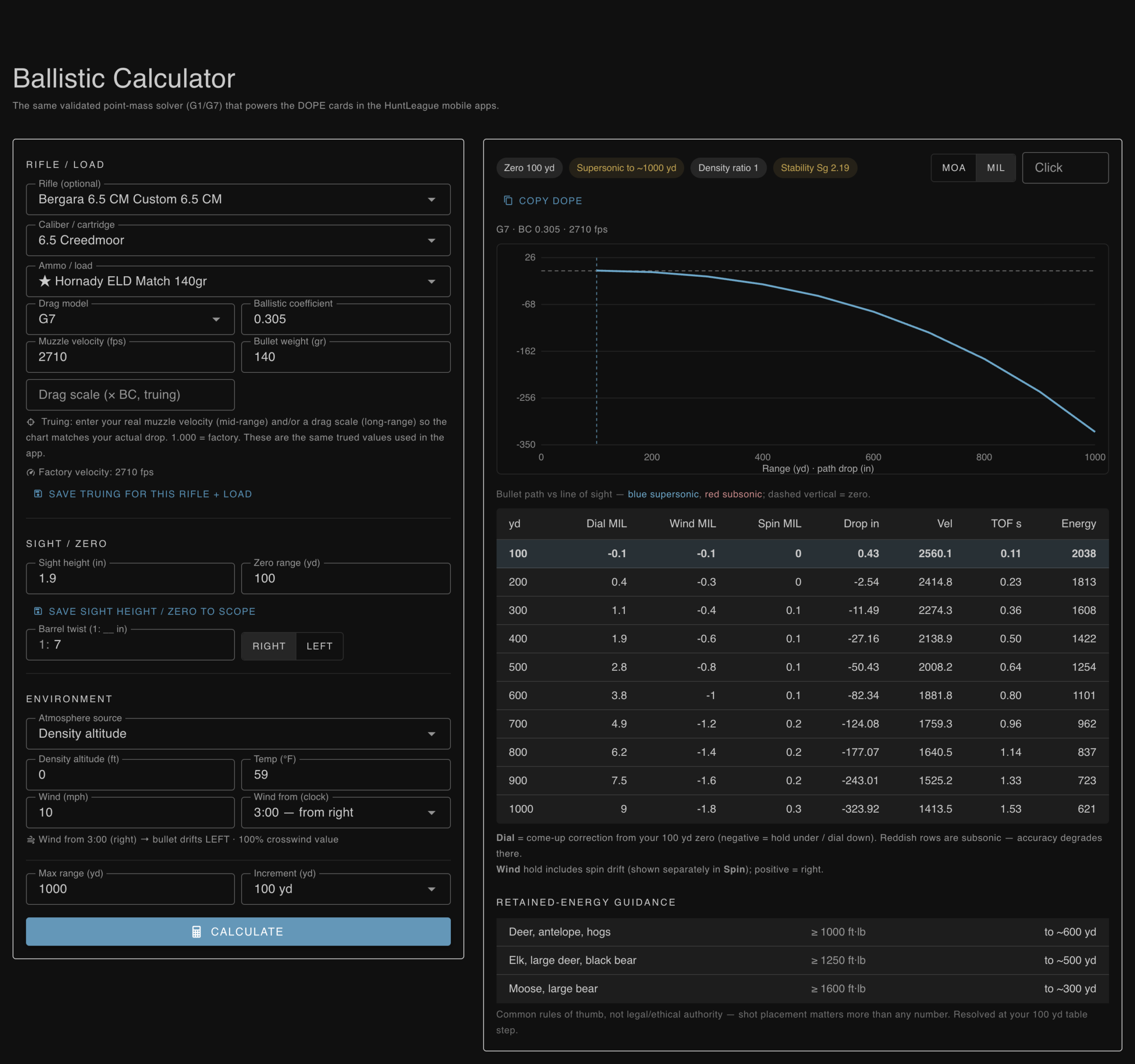Full-size HuntLeague Ballistics calculator on the web portal