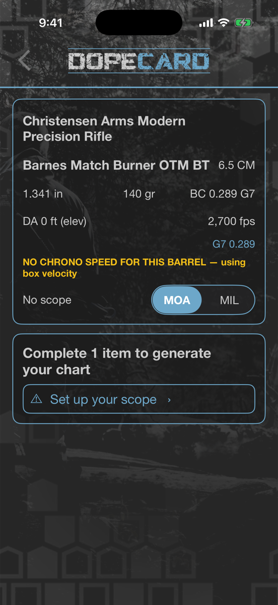 DOPE card asking to complete 1 item: Set up your scope