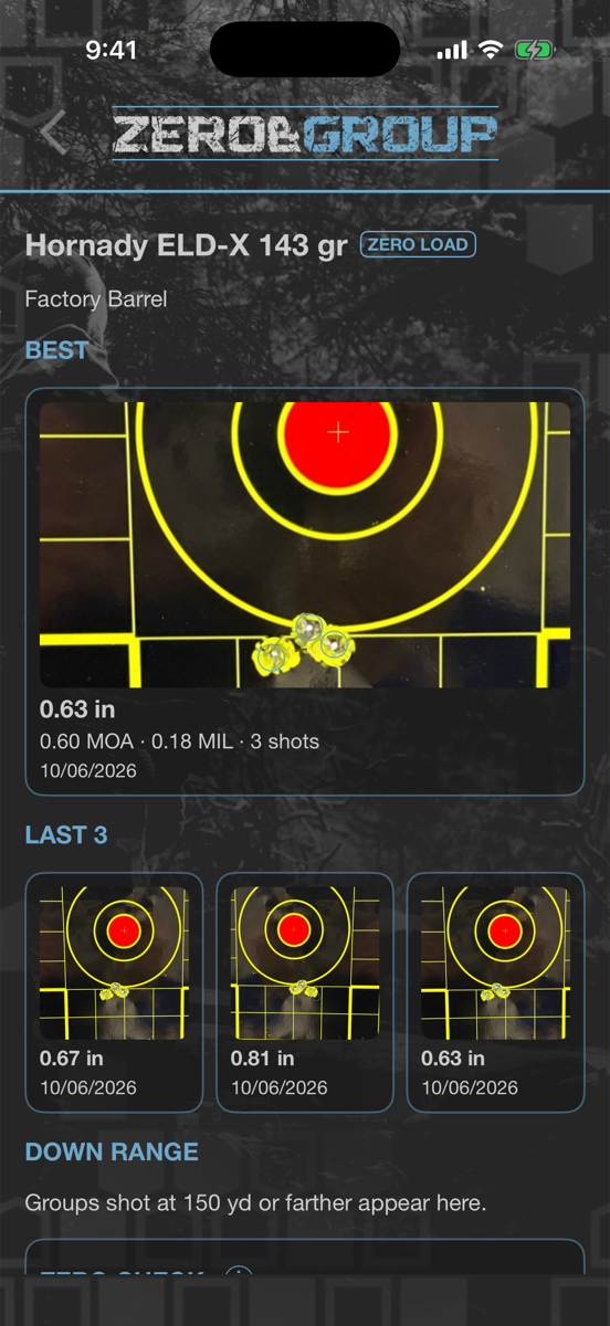 Group Card for Hornady ELD-X 143 gr: best group 0.63 inches, 0.60 MOA, with the last three groups