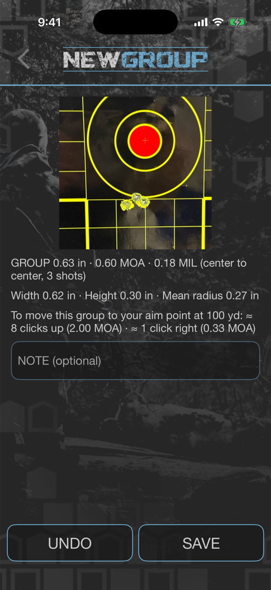 Group result: 0.63 inches, 0.60 MOA, 0.18 MIL, mean radius and clicks to the aim point