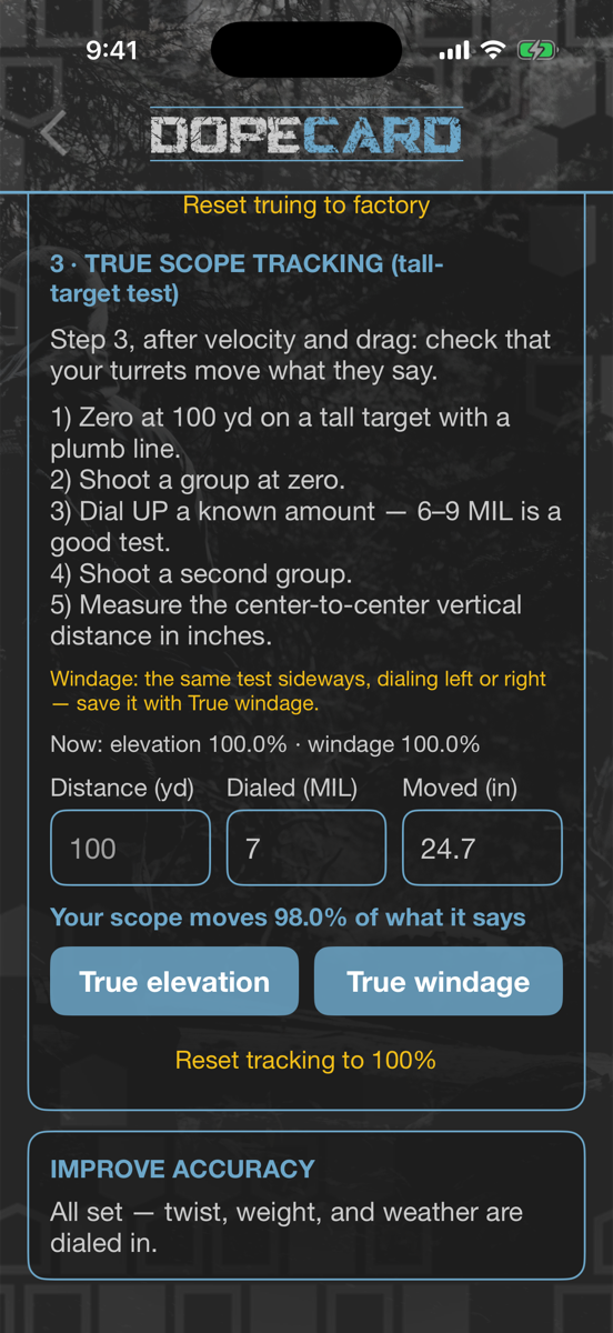 TRUE SCOPE TRACKING tall-target test showing the scope moves 98.0% of what it says