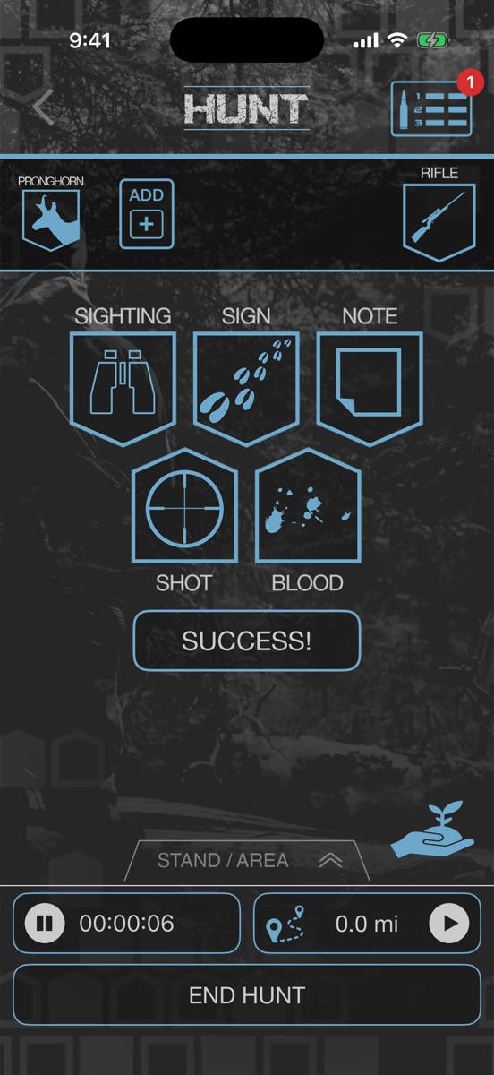 Active hunt header with the DOPE card icon wearing a red 1 badge