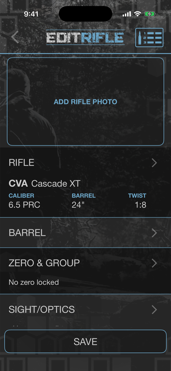 EDIT RIFLE screen for a saved CVA Cascade XT with the DOPE card icon in the upper right