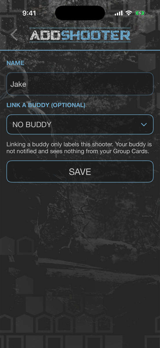 Add Shooter screen with the name Jake and no buddy linked