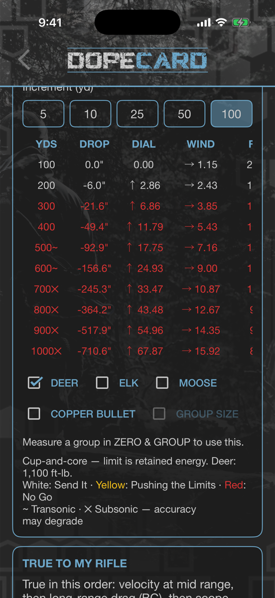 DOPE table with transonic and subsonic rows marked and rows colored yellow and red for deer energy