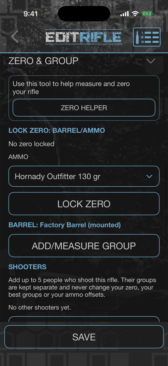 The ZERO & GROUP section of a saved rifle