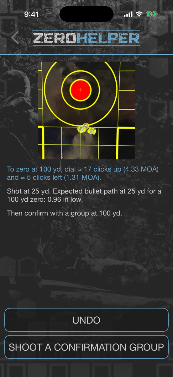 Zero Helper result: to zero at 100 yards dial about 17 clicks up and 5 clicks left