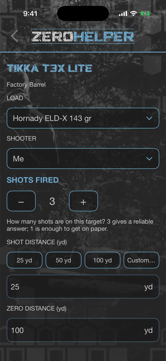 Zero Helper setup: Hornady ELD-X 143 gr, 3 shots fired at 25 yards for a 100 yard zero