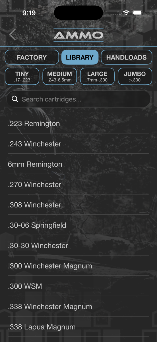 HuntLeague built-in ammo library cartridge browser