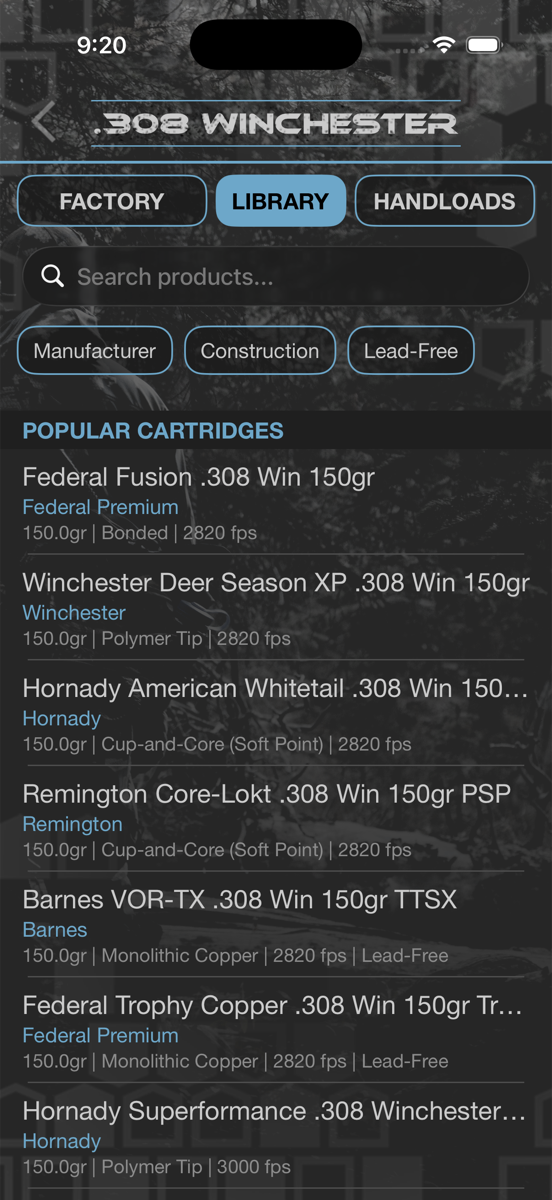Factory loads for .308 Winchester with velocities