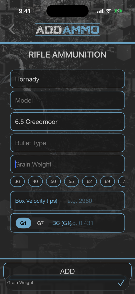 Add ammo screen with grain weight suggestions appearing as tap-to-pick chips