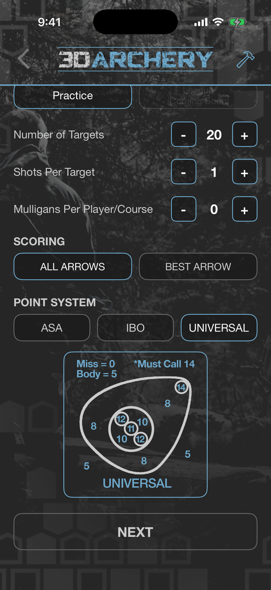 3D archery scoring setup with ASA, IBO and Universal point systems and the scoring ring diagram