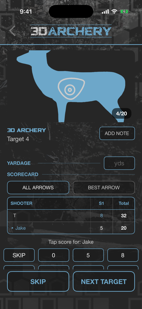 3D archery running totals across a squad at target four of twenty