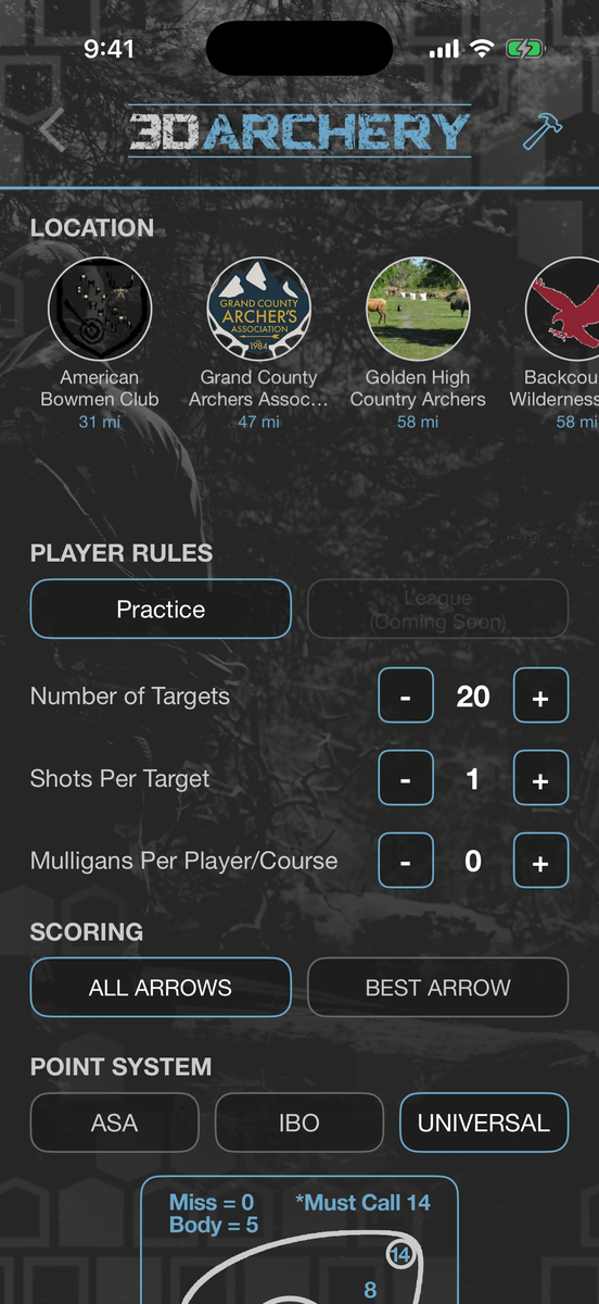 3D archery setup screen with nearby clubs, player rules and target count