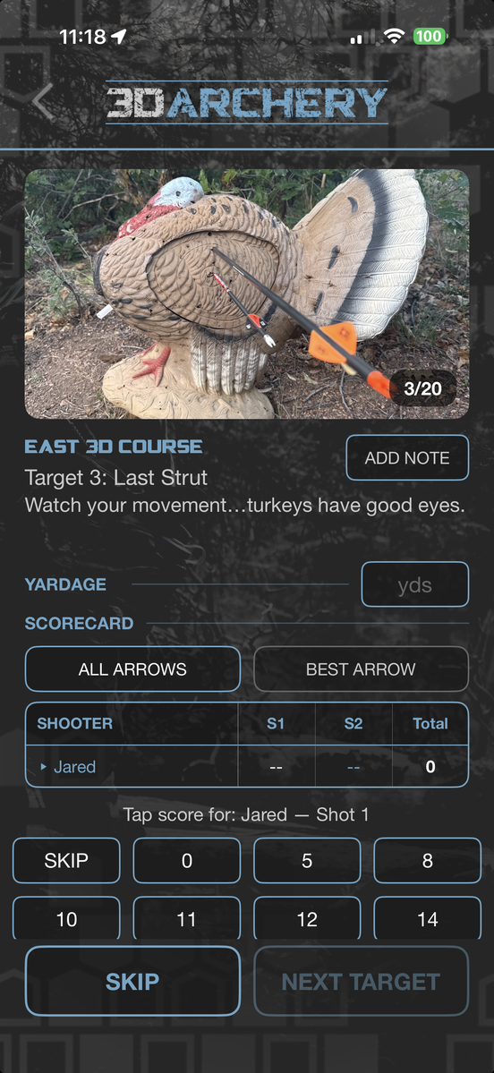 Scoring target three on the East 3D Course, a turkey target photographed with arrows in it, with the target name and a tip