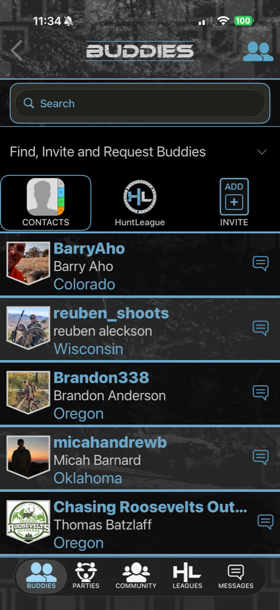HuntLeague buddies list with find, invite, and request options