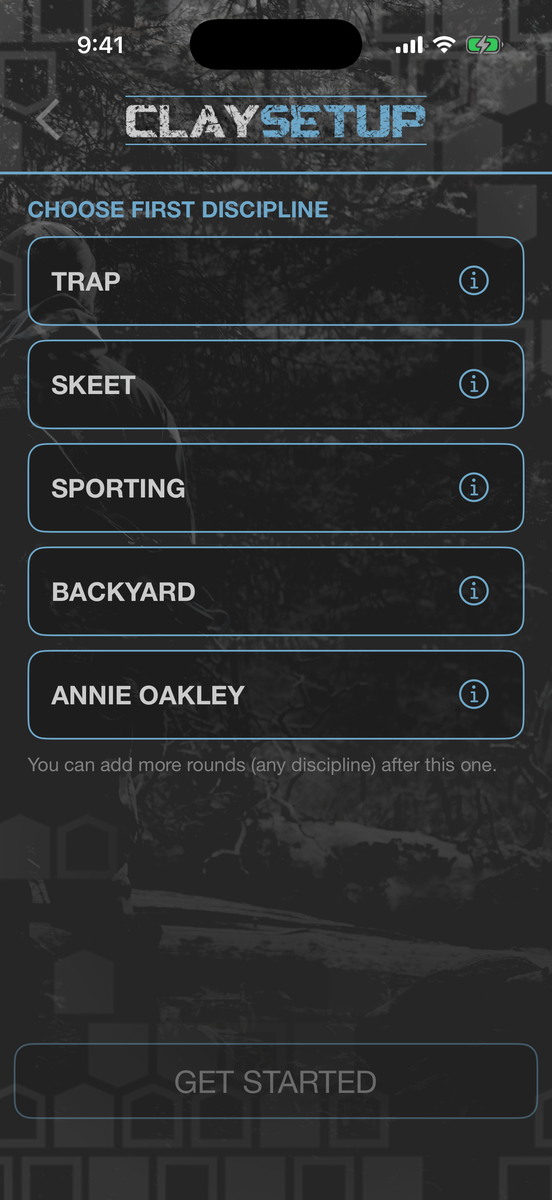 Clay setup screen listing trap, skeet, sporting, backyard and Annie Oakley