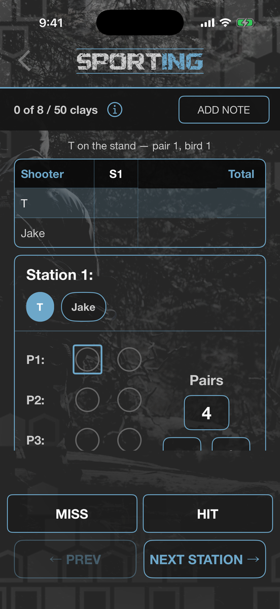 Sporting clays station showing report pairs and a clay count