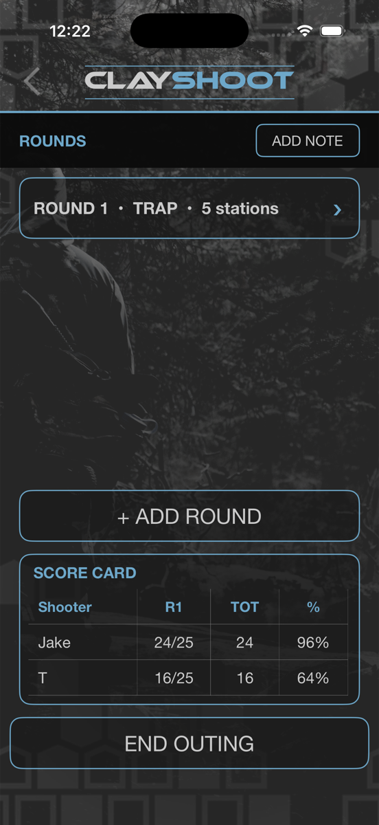 HuntLeague clay round summary with totals and percentages