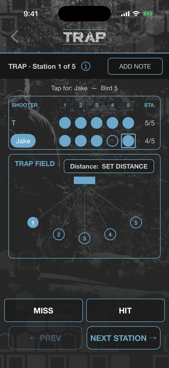 Trap scoring with the five-station field diagram and a squad scorecard