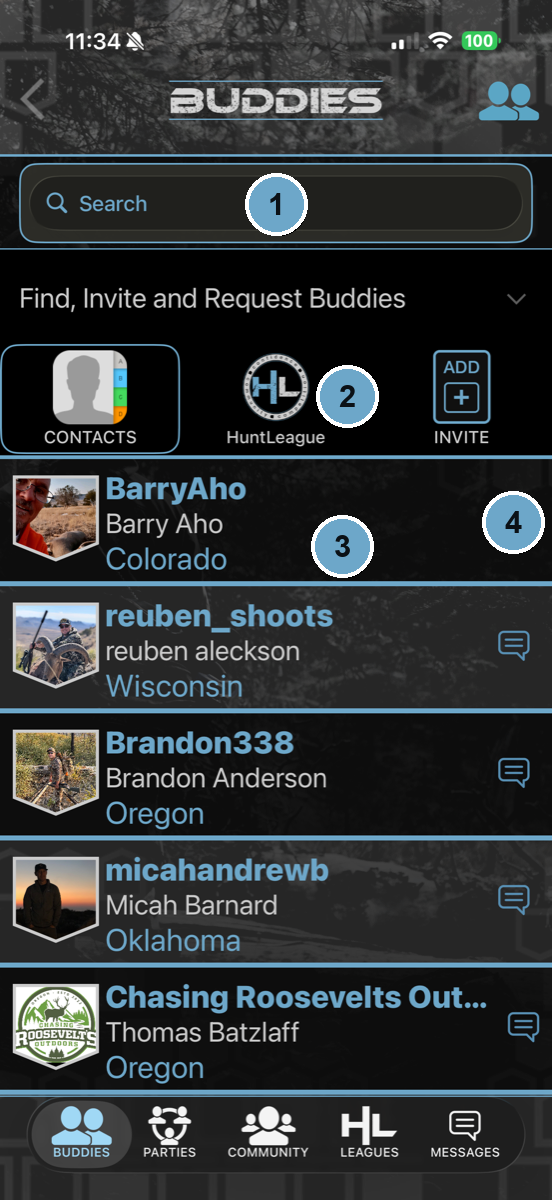 Numbered walkthrough of the HuntLeague buddies tab