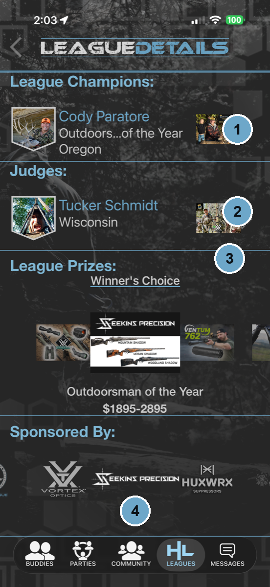 Numbered walkthrough of a HuntLeague league details page