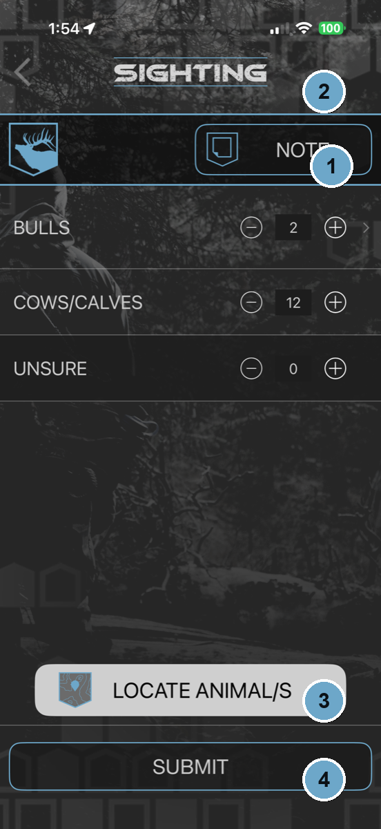 Numbered walkthrough of the HuntLeague sighting screen