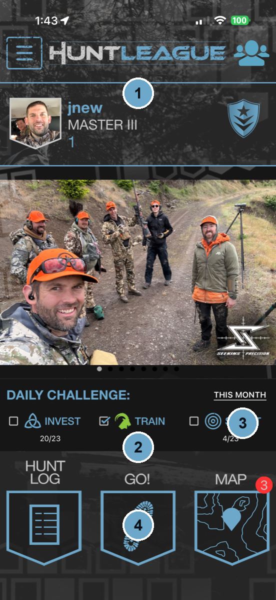 Numbered walkthrough of the HuntLeague home screen daily challenge