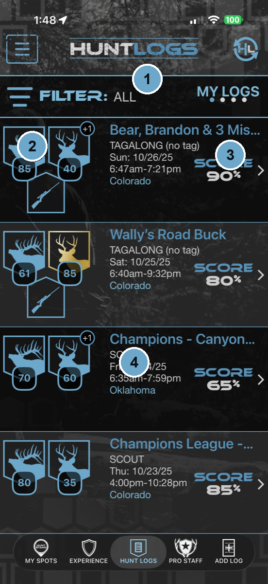 Numbered walkthrough of the HuntLeague hunt log list