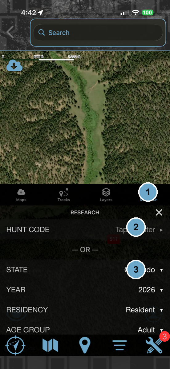 Numbered walkthrough of the HuntLeague Research tab
