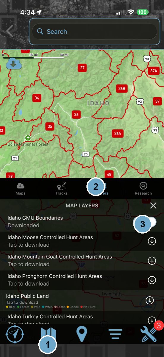 Numbered walkthrough of the HuntLeague map layers menu