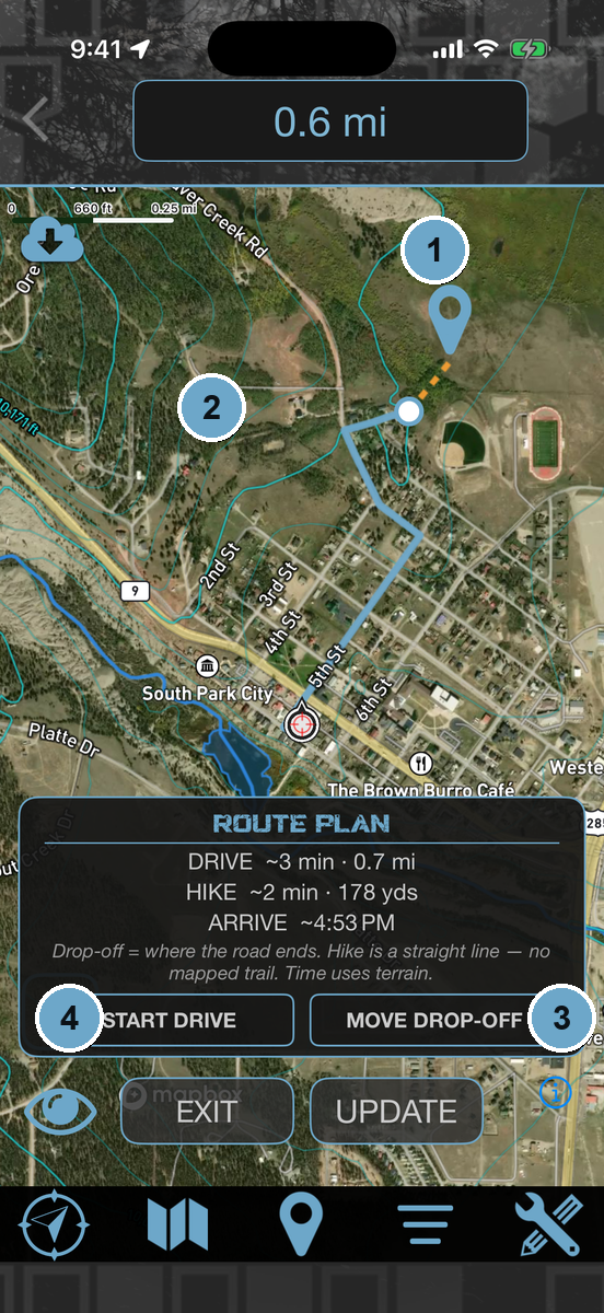 Numbered walkthrough of a HuntLeague Route Plan, from the waypoint to the drop-off to the drive and hike legs