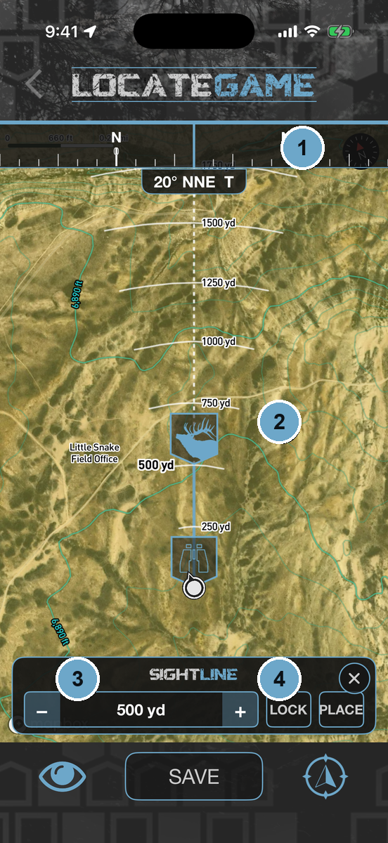 Numbered walkthrough of HuntLeague Sightline, from the compass tape to the range arcs to placing a marker
