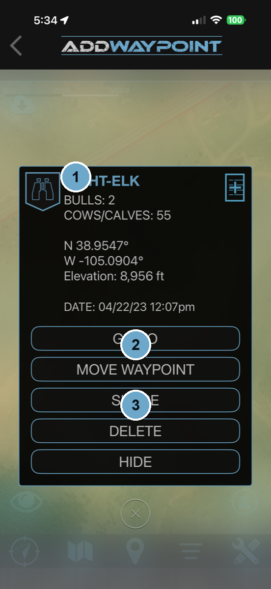Numbered walkthrough of a HuntLeague waypoint card