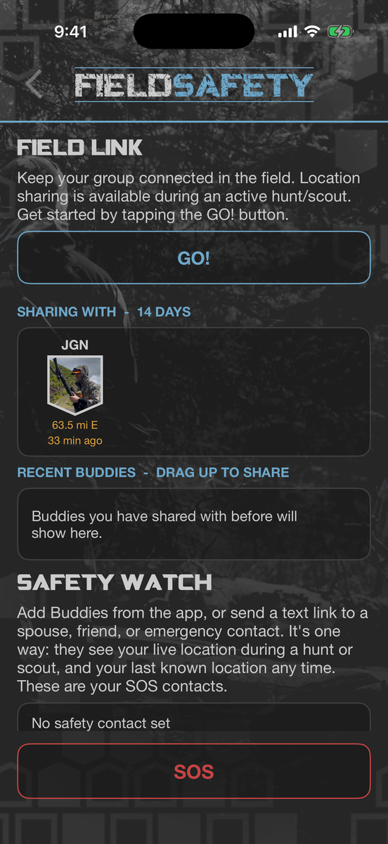 Field Safety screen showing Field Link with a shared buddy and the Safety Watch section