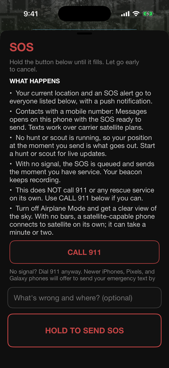 SOS screen explaining what happens, who gets it, how to cancel, and a hold to send button
