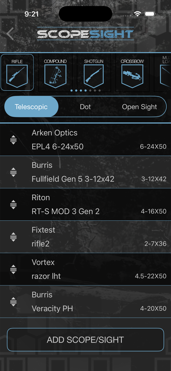 HuntLeague scope and sight list with real optic specs