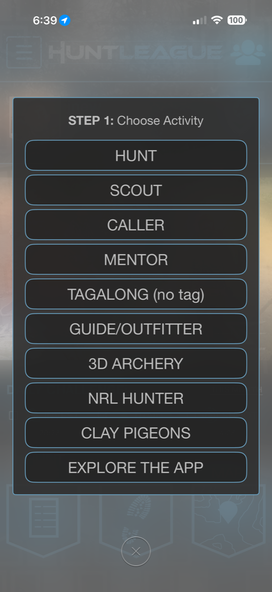HuntLeague Choose Activity list