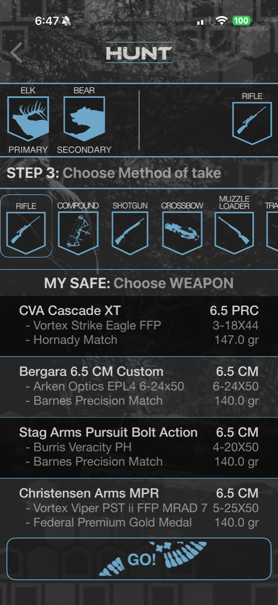 HuntLeague choose method of take and weapon