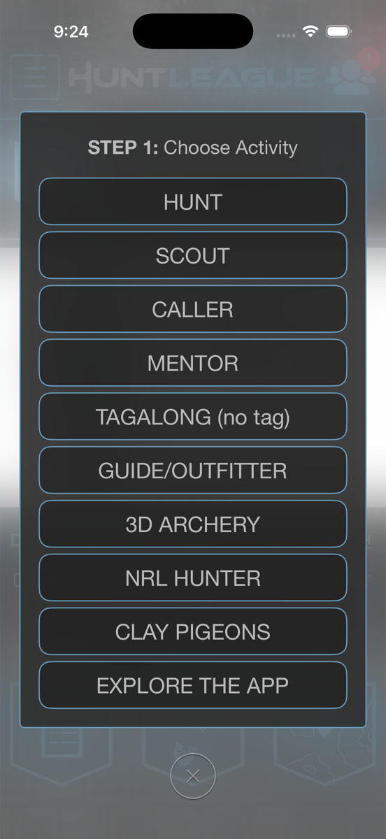 HuntLeague GO! choose activity screen
