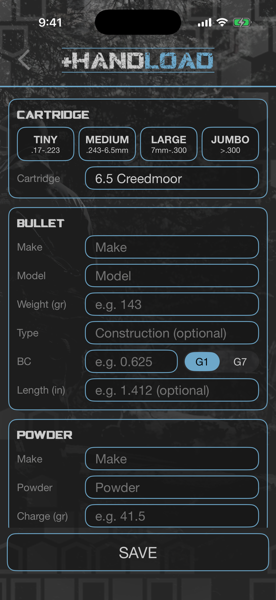 Handload builder with cartridge, bullet, powder and case sections