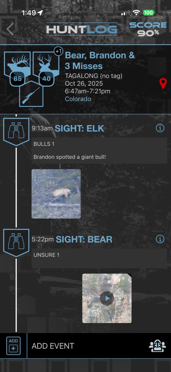 HuntLeague hunt log detail timeline