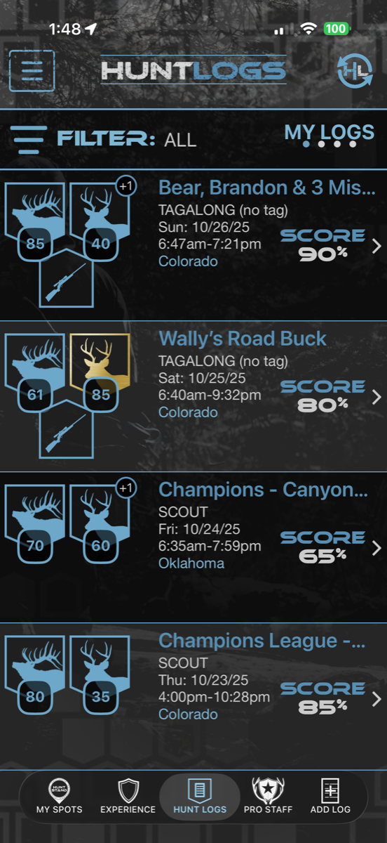 HuntLeague hunt log list