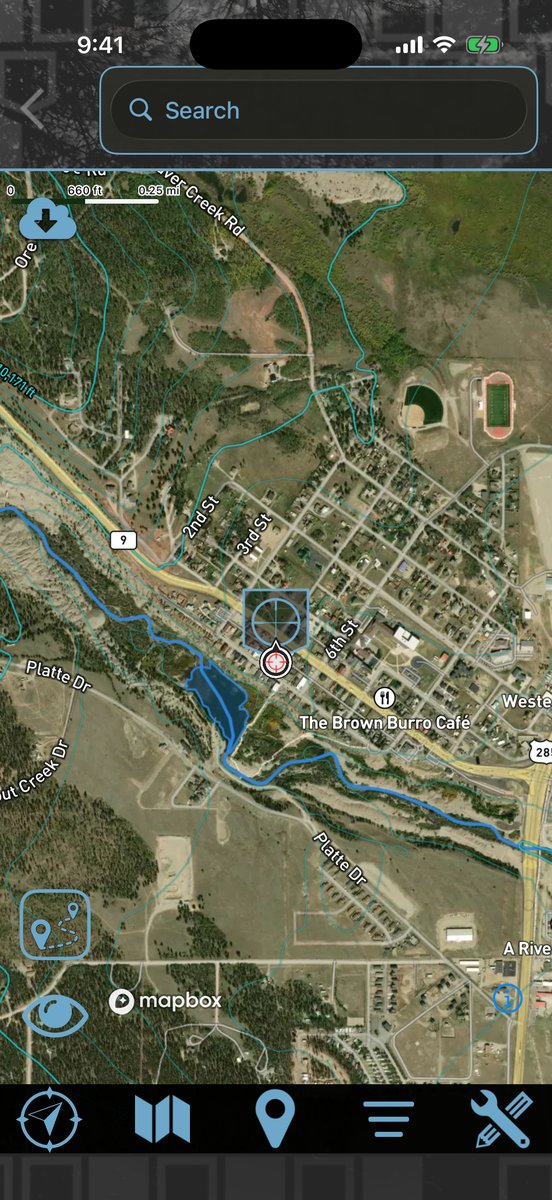 Hybrid map view with contour lines drawn over satellite imagery