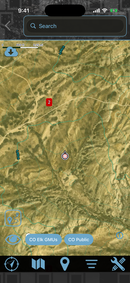 Map with the CO Elk GMUs and CO Public layer pills switched on along the bottom