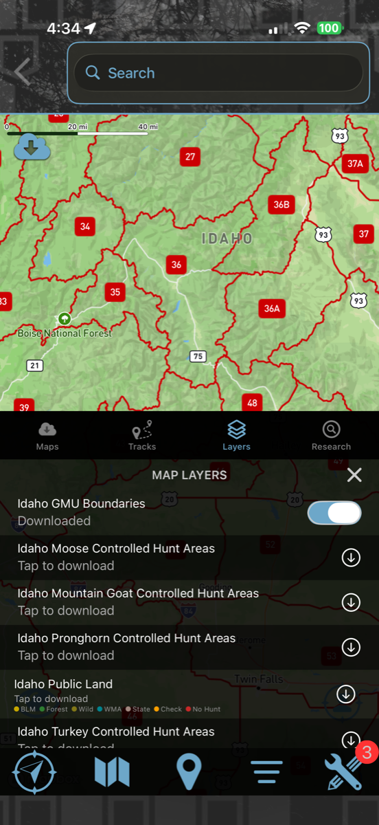 HuntLeague map layers menu with GMU boundaries