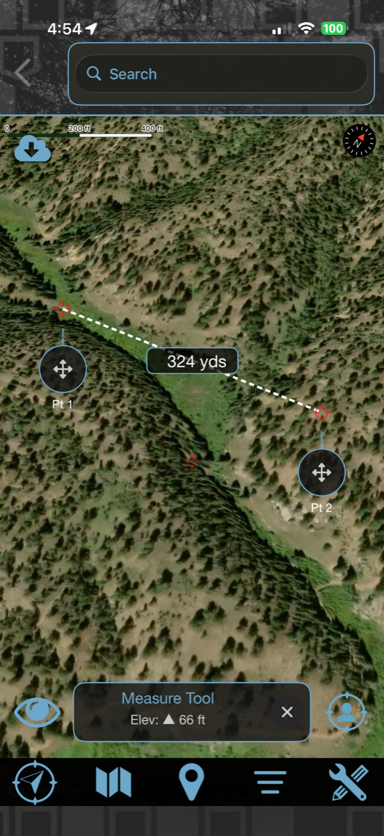 HuntLeague measure tool showing distance and elevation