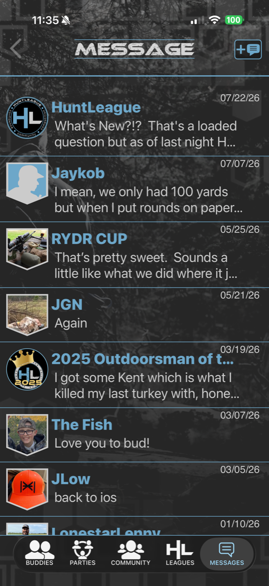 HuntLeague messages inbox with buddy and league threads
