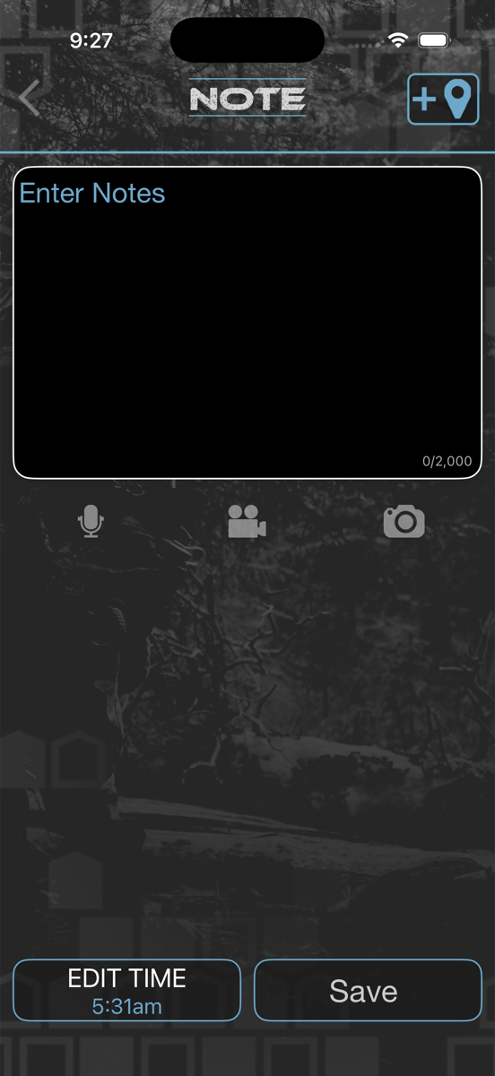 HuntLeague note screen with text, audio, video, and photo capture
